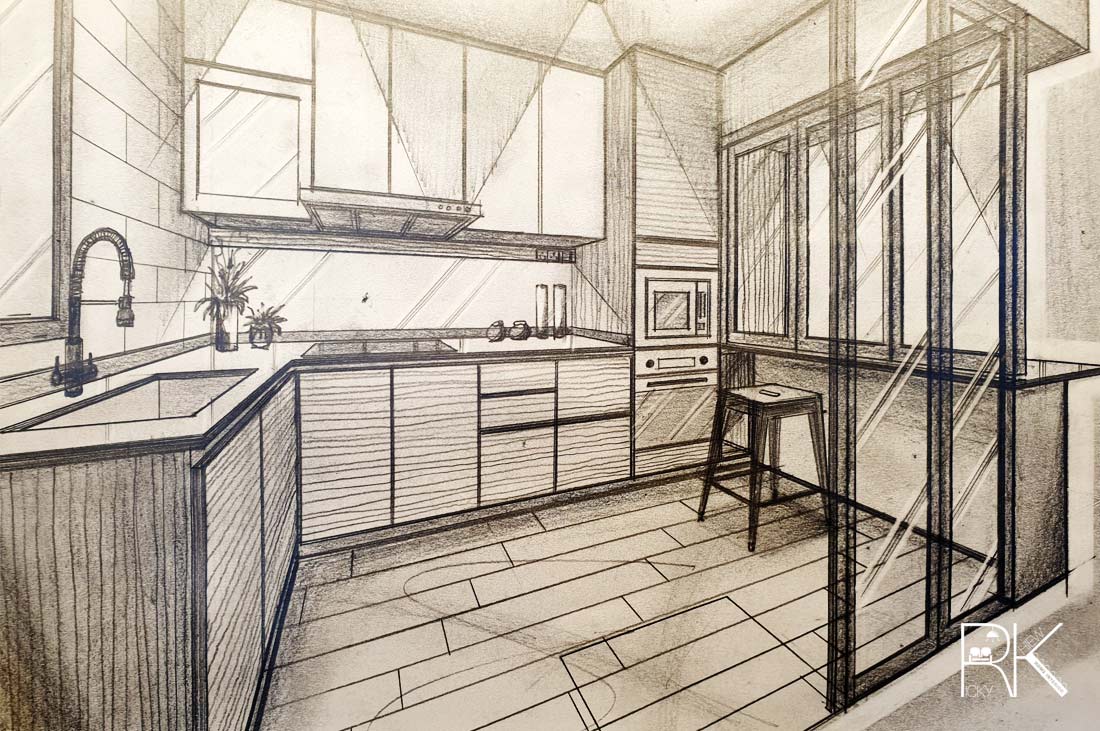 Modern contemporary kitchen interior design drawing